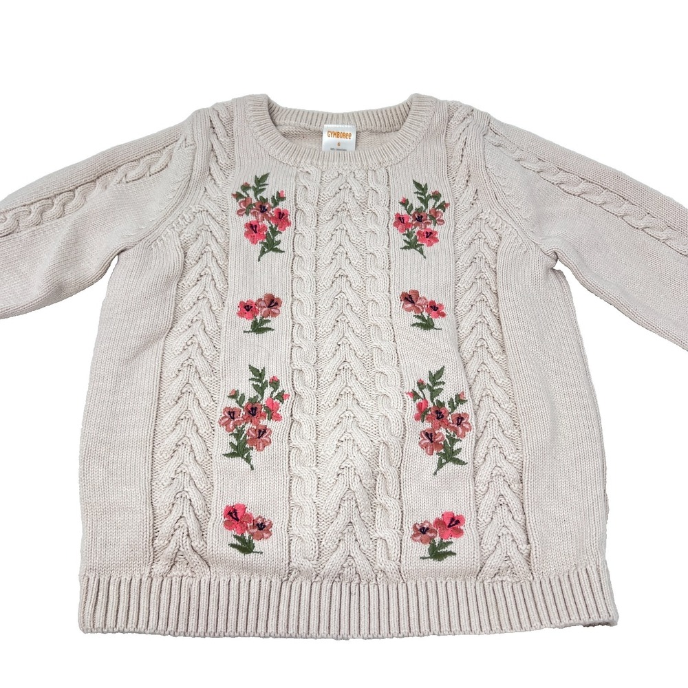 Gymboree Cotton Cable Knit Embroidered Sweater Girls Size 6 Tan Cottagecore